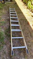 Full view of Werner aluminum extension ladder extended on ground