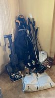 Full view of golf bag, cart, clubs, shoes, jacket and umbrella