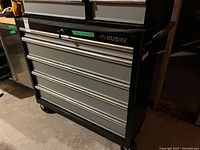 Front of Husky tool chest showing drawers, logo, wheels