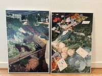 Front view of both framed photographic prints showing produce stand imagery