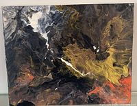 Front view of entire abstract acrylic pour painting on wood panel