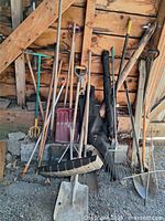 Wide view of garden tools leaning against wall