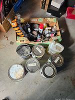 Overall lot with box of spray paints and six gallon cans