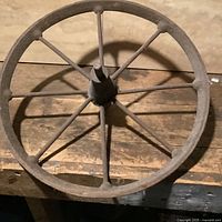 Front view of full cast iron wheel showing eight spokes and rim