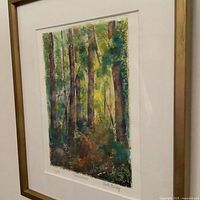 Close view of Beth Bailey signed forest artwork in frame