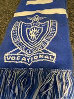 KCVI crest and fringe on blue and white scarf