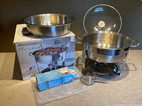Complete chafing dish set with box, fuel, stand, pans and lid