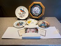 All six plates displayed on countertop including two on stands and packaged hummingbird plate with certificates