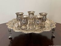 Full lot view showing five cups arranged on tray