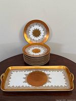 stack of twelve plates and matching tray showing design