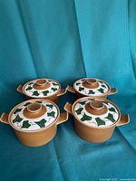 Four matching covered crocks front view showing color and lids