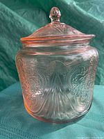Front view of pink Royal Lace cookie jar with lid attached
