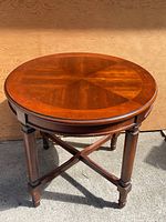 Top view of round walnut coffee table