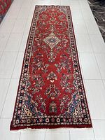 Full view of red Hamadan runner rug showing entire length and borders