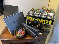 Lite-Brite lamp housing, bowl of pegs, original box