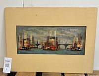 Full view of painting with mat showing cityscape composition