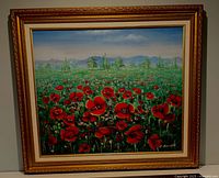 Front view of framed oil painting depicting poppy field