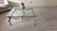 Square glass coffee table, beveled glass, ornate beige metal base