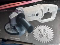 Retail box showing image of the 7" angle grinder with side handle