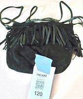 Front view of black suede handbag with fringe tassels and MaxSold tag visible