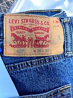 Leather back patch showing Levi Strauss & Co. branding, 501 model, size W36 L30
