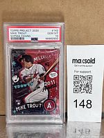 Front view of PSA-slabbed Topps Project 2020 Mike Trout card with label showing GEM MT 10 and certification number