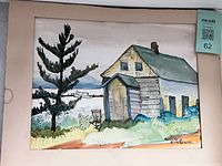 Full view of signed watercolor painting with mat