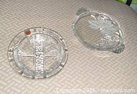 Divided crystal dish left, handled poinsettia dish right