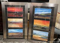 Both framed abstract art pieces standing side by side