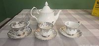 Front view of teapot, three teacups and three saucers showing pattern and trim