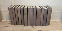 Front view of all fourteen uniform cloth-bound books standing upright
