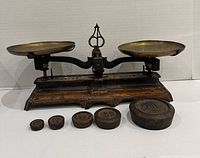 Front view of balance scale and five weights