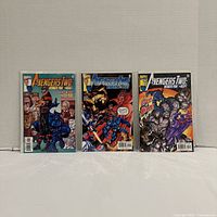 Front view of all three Avengers Two: Wonder Man and Beast comic issues, bagged and boarded