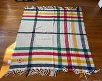 Full blanket laid flat showing stripes and fringe