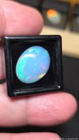 Front view of loose Ethiopian opal cabochon in display case