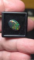 Front view of oval cabochon black opal in display box