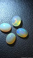 Four oval opals on textured surface showing play of color