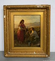 Framed oil painting in gilt frame, front view