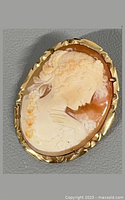 Front view of shell cameo showing carved woman's profile and gold bezel