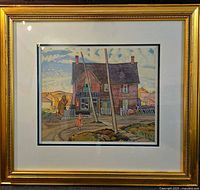 Full view of framed lithograph showing artwork, matting and frame