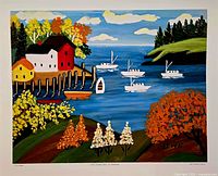 Full view of unframed Maud Lewis lithograph with margins visible