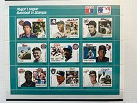 Teal sheet showing 12 MLB player stamps