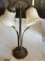Full view of two-light brass desk lamp with frosted glass shades