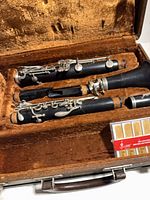Clarinet joints, barrel, bell and reed box inside plush case