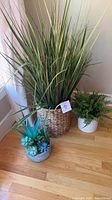 Tall artificial grass in woven basket beside artificial fern in white pot