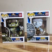 Front view of boxed Hulk #241 and Korg #269 Funko Pop figures