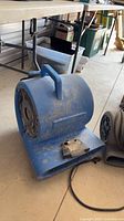 Blue centrifugal air mover fan showing dust and carry handle