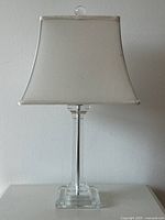 Full view of lucite desk lamp with white shade