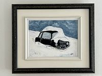 Full view of framed painting showing car in snow and frame style