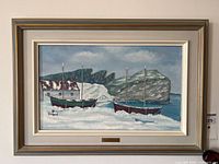Full view of framed Raymond Quirion harbour scene oil painting